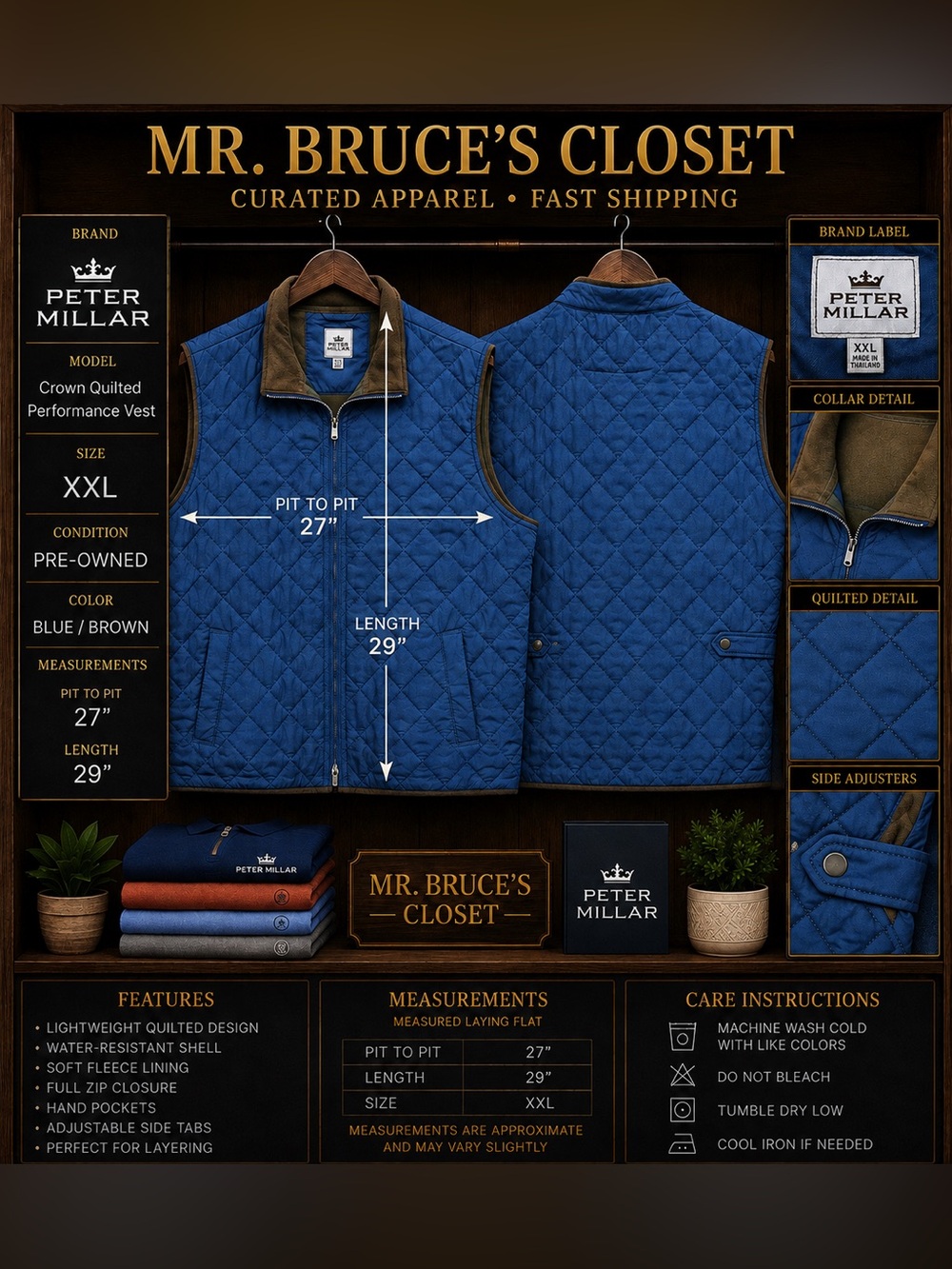 Peter Millar Blue Quilted Performance Vest with Brown Trim